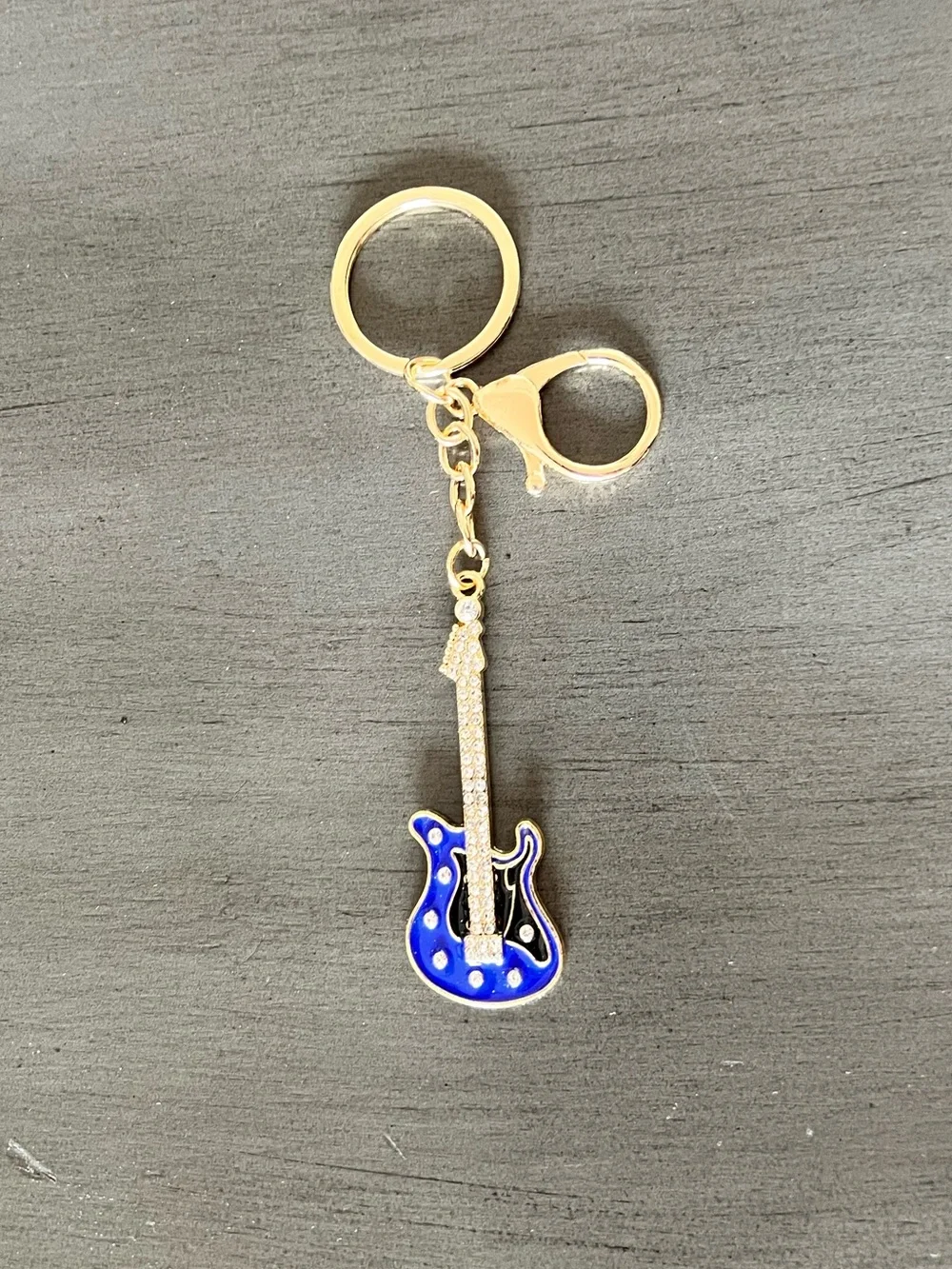 Royal Blue Black Enamel Electric Guitar Rhinestone Gold Keychain 3.5